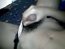 Cumming while riding a hairbrush 