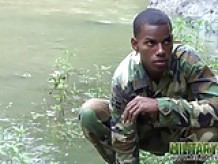 Cock-strong twink soldier by the river