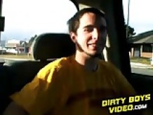 Two gay guys stroking their big dicks in a tow truck