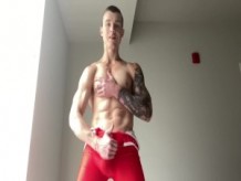 Wrestling Singlet Cum Bi Big Dick Jock Muscle Hunk Masturbándose dentro y a través Spandex Lycra Singlet