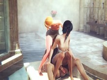 Impacto de Genshin - Venti mamada atada y trío en un baño público - mariquita Crossdress Juego de anime de manga asiático japonés Gay Gay